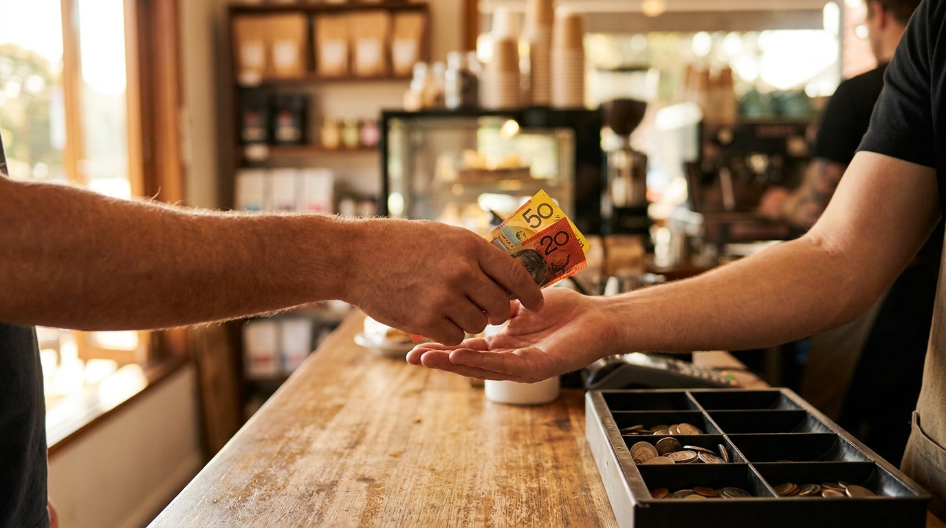 A customer hands Australian banknotes across a cafe counter