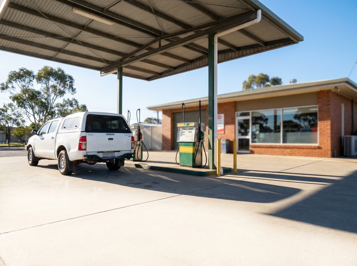 Petrol station forecourt at dusk, illustrating an ATM services site