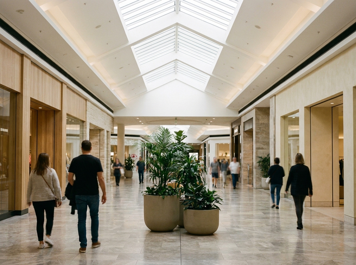 Shopping centre concourse with soft natural light