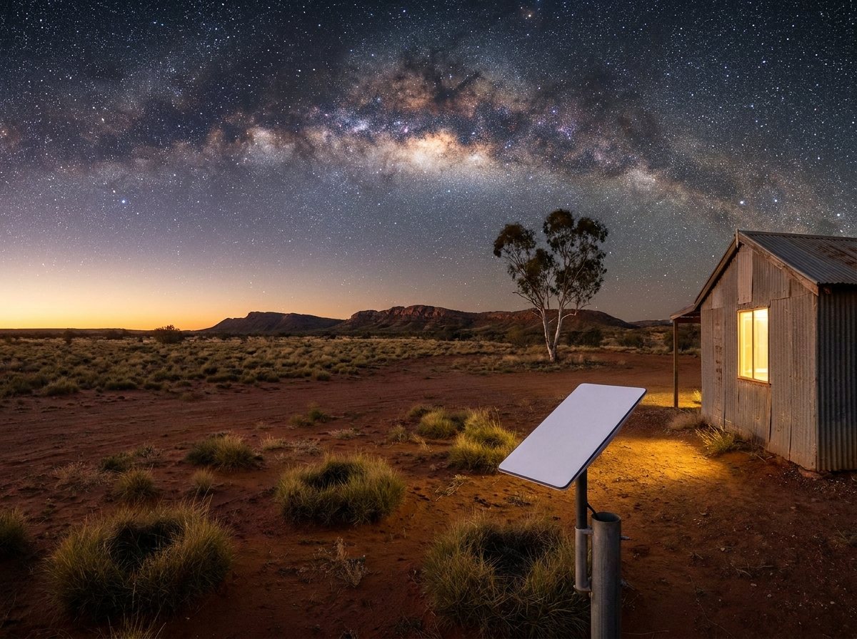 An outback roadhouse at night with a satellite dish pointed at a starry sky