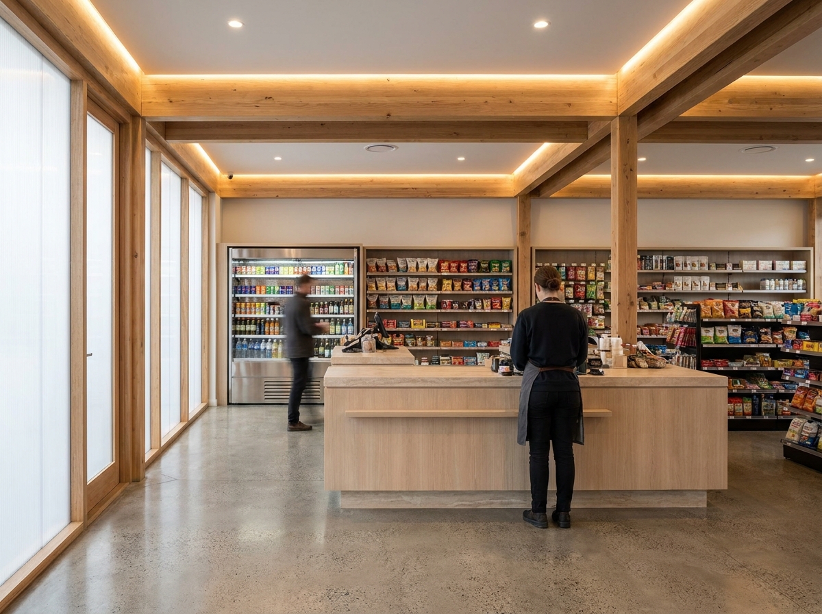 Modern petrol station convenience store counter area, clean and bright