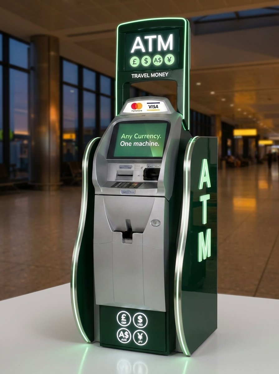 A multi-currency Argo ATM with green LED trim in an airport concourse