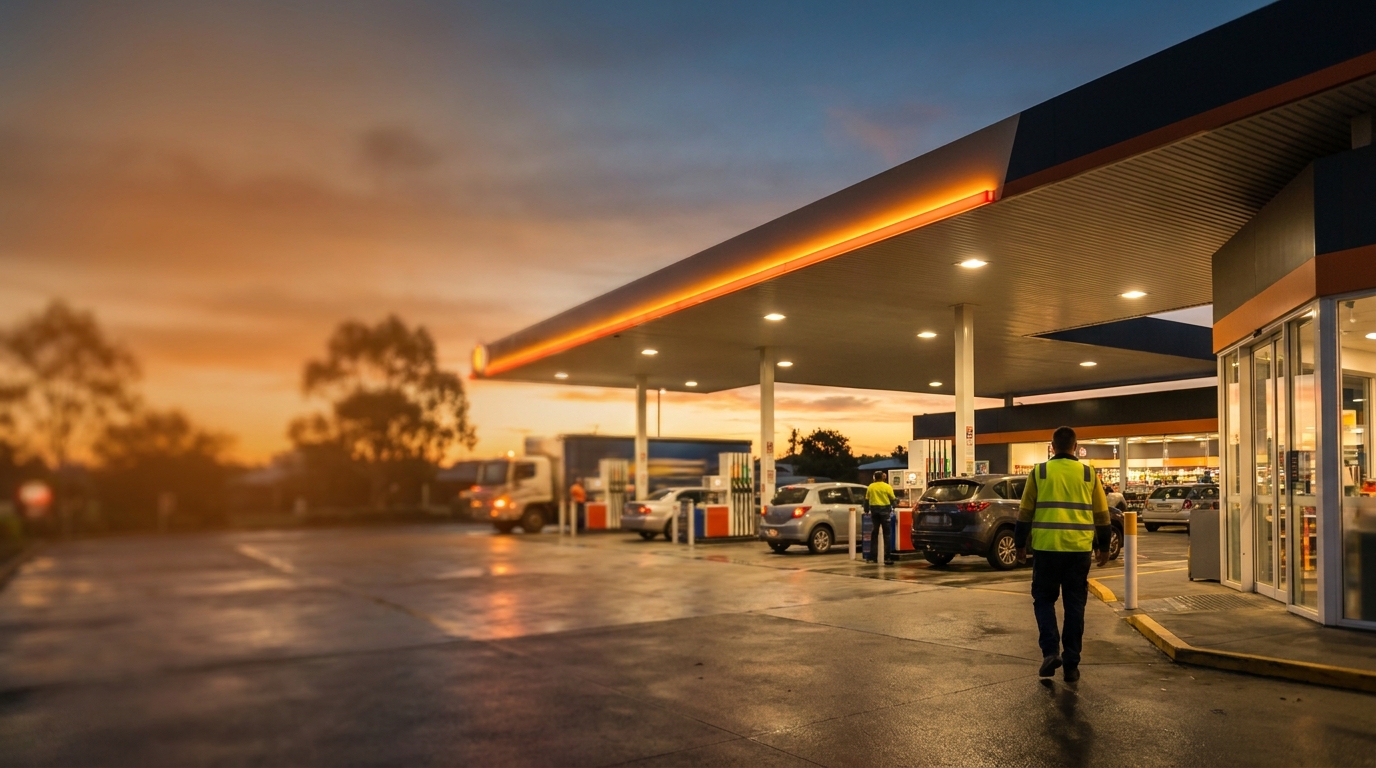 Australian service station forecourt at dusk